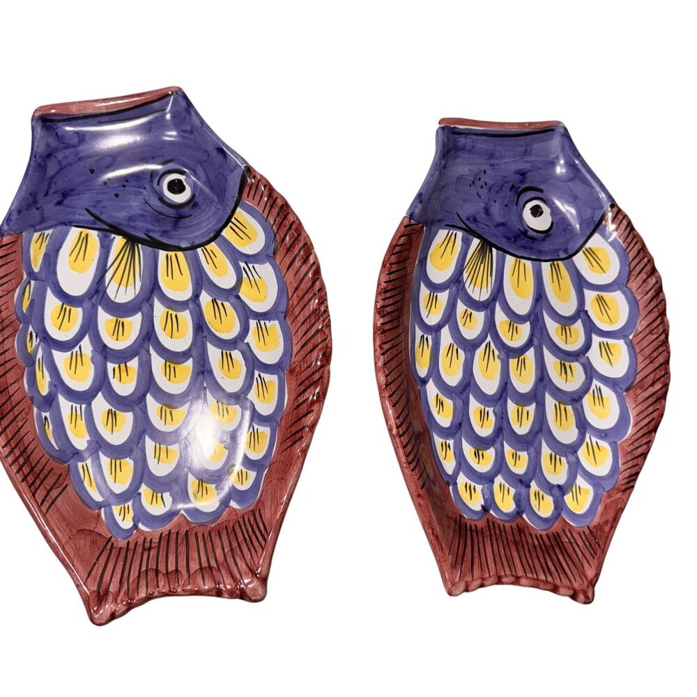 Hand-Painted Italian Fish-Shaped Ceramic Plates Vietri